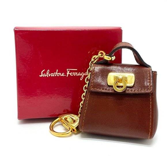 Authentic SALVATORE FERRAGAMO Bag motif Gancini Bag Charm Leather Brown x Gold - Picture 2 of 10
